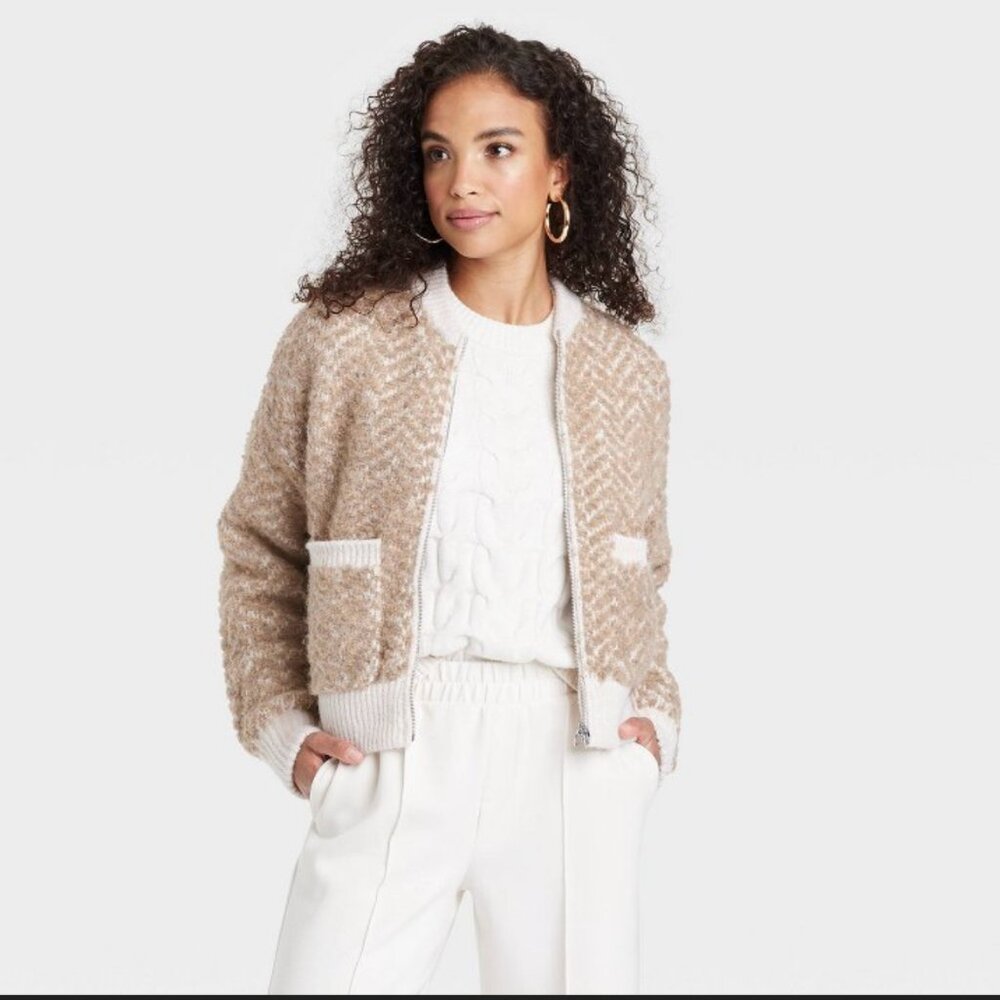 A New Day Women's Lady Bomber Jacket Cardigan Sweater Camel Size: S